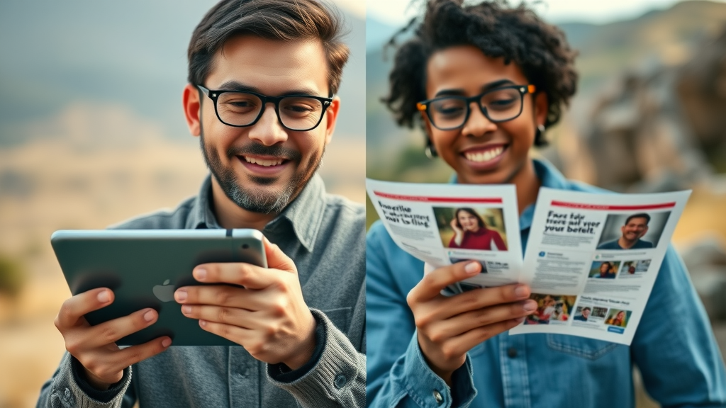 comparison of digital marketing and print marketing with digital devices and flyers side-by-side