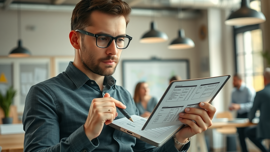 entrepreneur strategizing business blog SEO plan with checklist and analytics tools