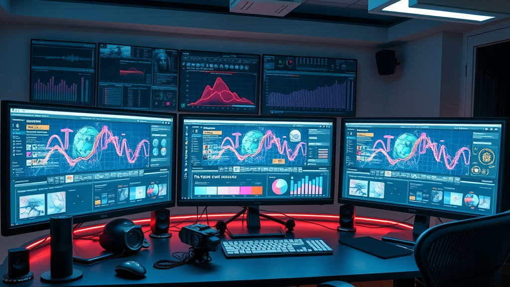 State-of-the-art generative AI and content creation tools on sleek desk setup - digital monitors, user-centric interface, smart gadgets, holographic overlays, sci-fi vibe