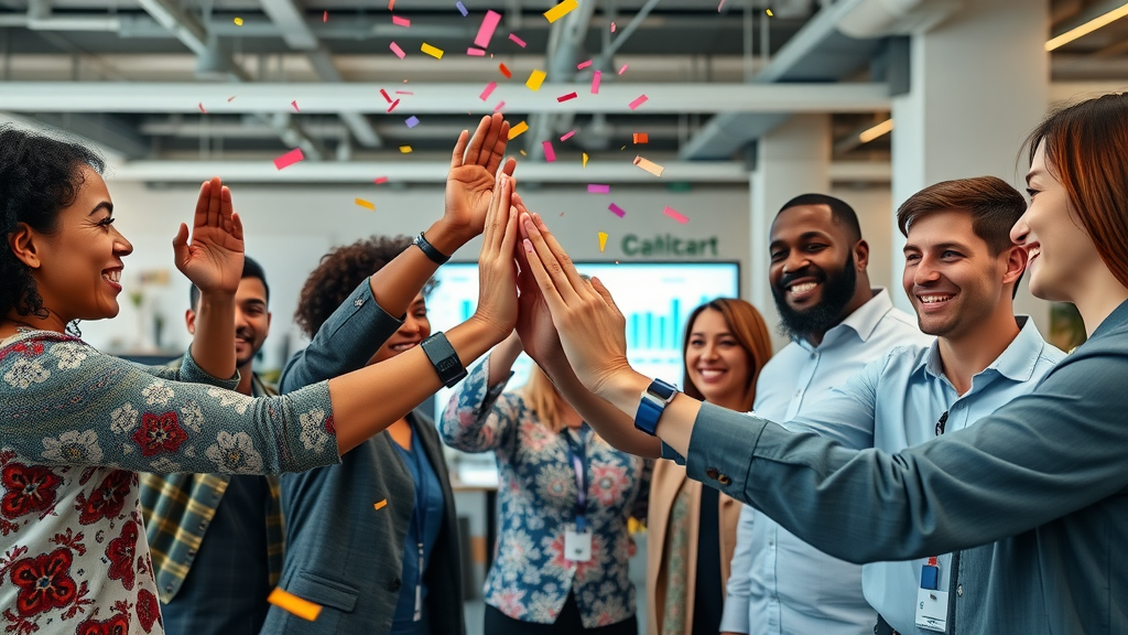 Diverse team celebrating successful AI-human content campaign - open workspace, cultural decor, analytics displays, dynamic motion, high-fiving, celebratory lighting