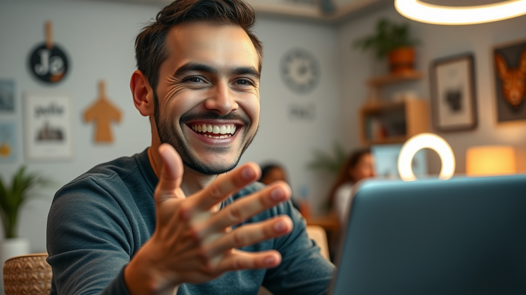 Influencer marketing strategy for media site marketing strategy, influencer engaging audience on live video, building brand trust and awareness, photorealistic home office