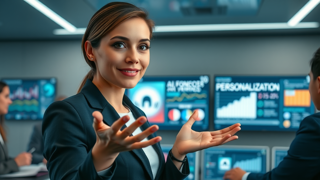 businesswoman presenting AI content personalization benefits, digital boardroom