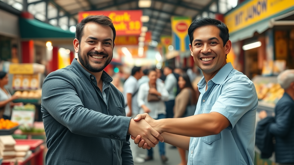 business owners shaking hands to cross-promote and expand reach for small business promotion