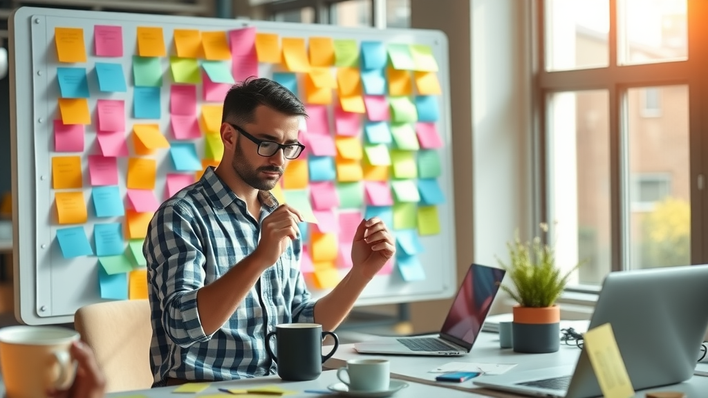 Content marketer arranging colorful sticky notes for blog post topics, planning value-driven content.