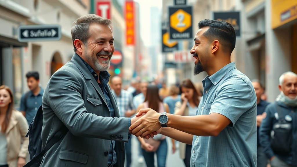 charismatic local influencer shaking hands small business owner, local marketing strategies, partnership, bustling city street, dynamic energy, daylight, bright colors